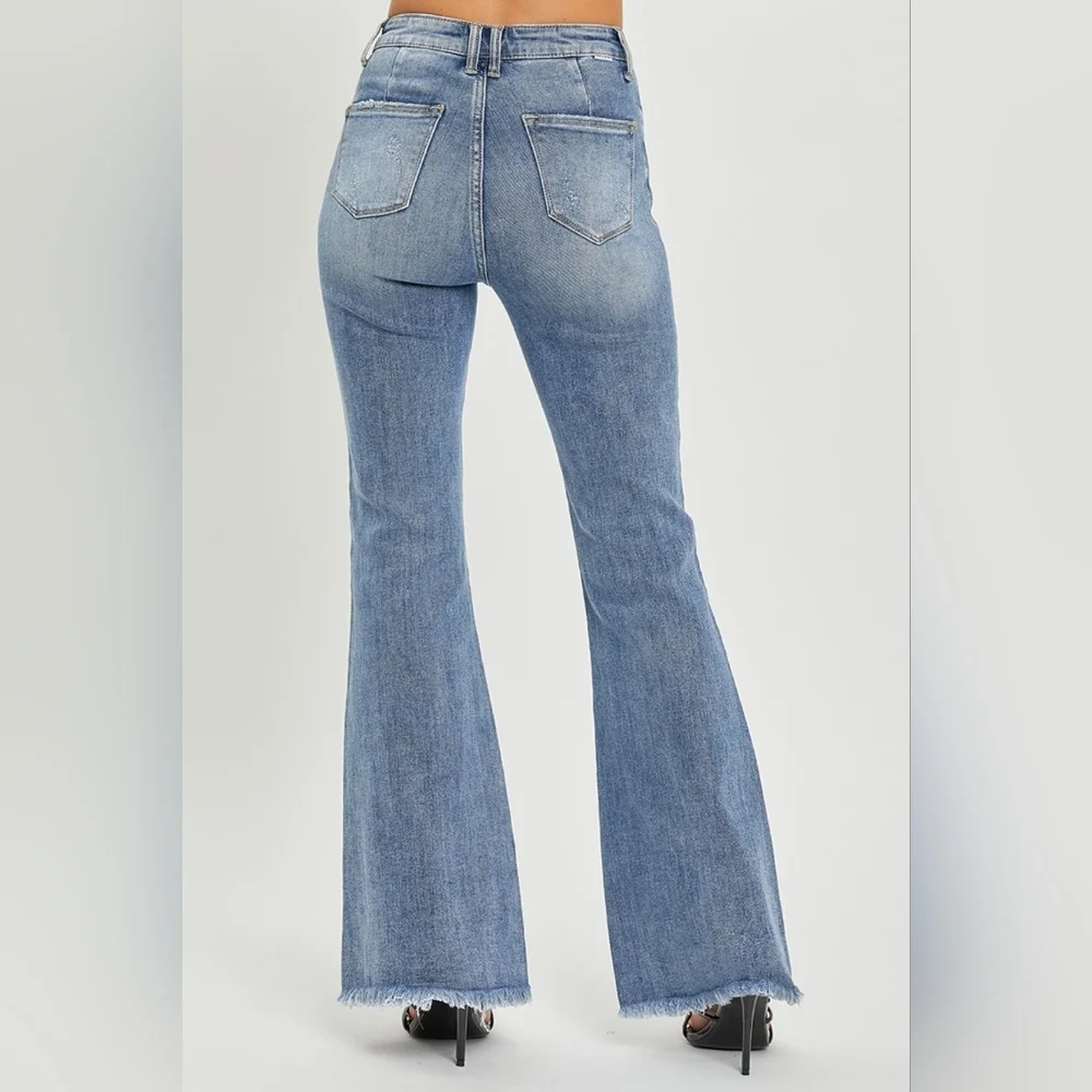 RISEN Tummy Control High-Rise Slim Fit Pants Frayed Flare Hem Retro Denim Jeans - Picture 9 of 15